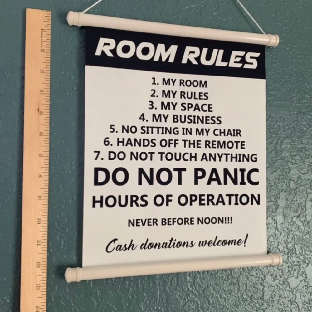 Room Rules Scroll Hanging Sign for Door, Room, Garage, Man Cave, Etc.